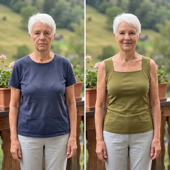 Avant/après de face : t-shirt informe, puis débardeur olive qui dessine une silhouette nette