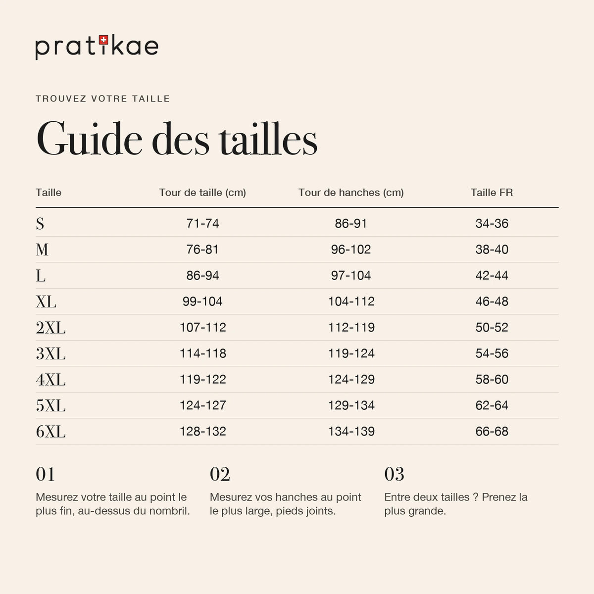 Guide des tailles culotte gainante S à 6XL