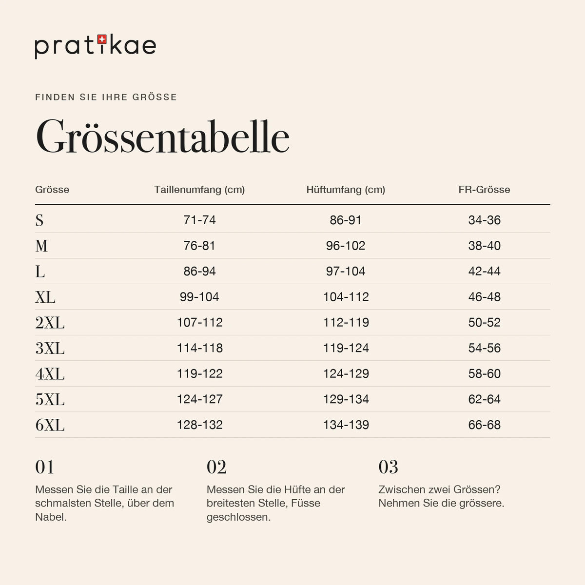 Grössentabelle Formslip S bis 6XL