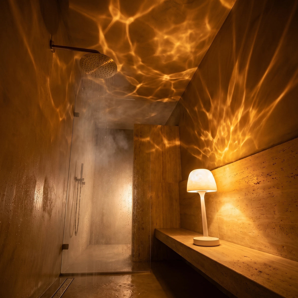 Lampe dans la douche, reflets d'eau sur les murs et le plafond
