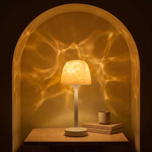 Lampe d'ambiance pour douche allumée, reflets d'eau ambrés