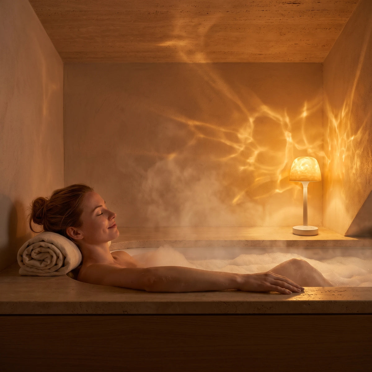 Moment de détente dans le bain, lampe sur le rebord