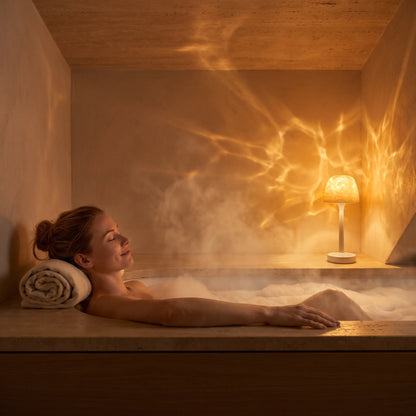 Moment de détente dans le bain, lampe sur le rebord