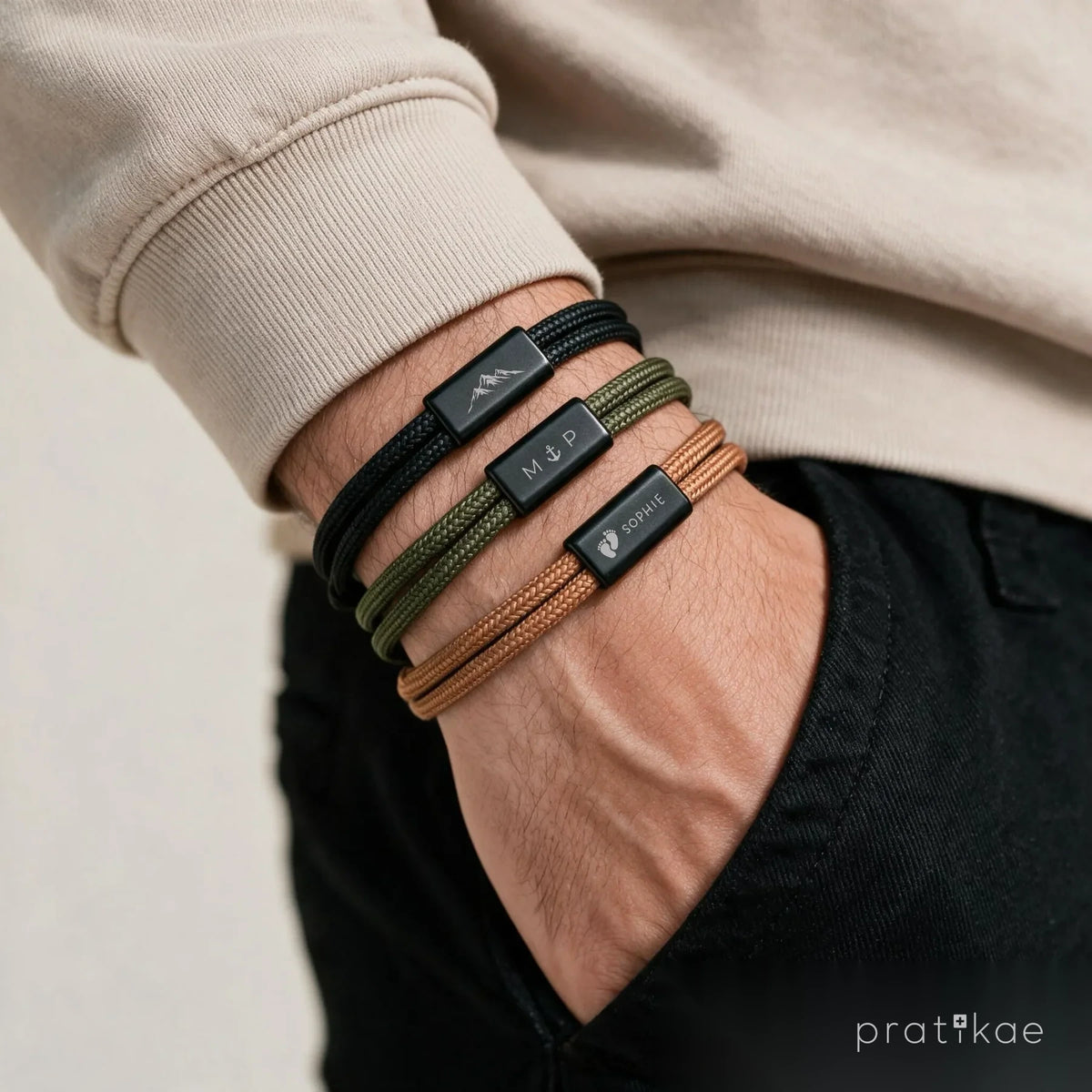 Bracelet Homme Personnalisé - cordon tressé ajustable, gravure au choix
