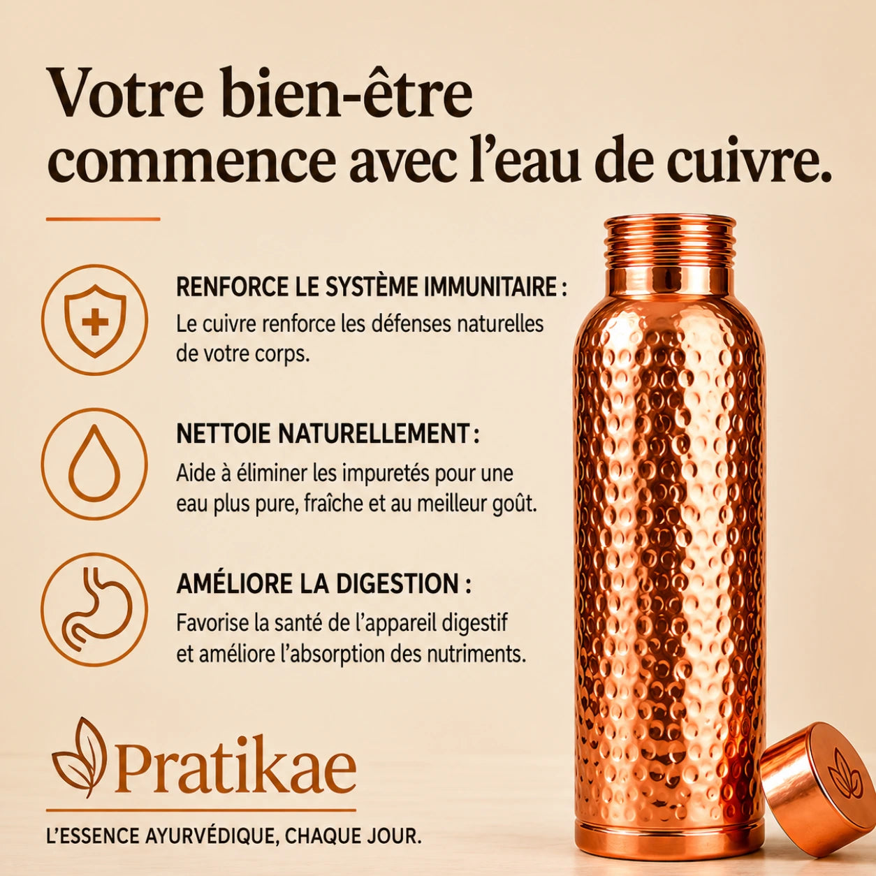 Pratikae™ · Gourde en Cuivre Pur — Buvez une Eau Plus Saine, Chaque Jour