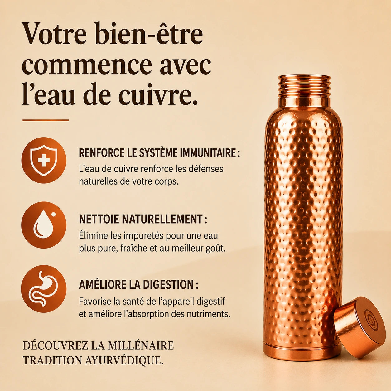 Pratikae™ · Gourde en Cuivre Pur — Buvez une Eau Plus Saine, Chaque Jour