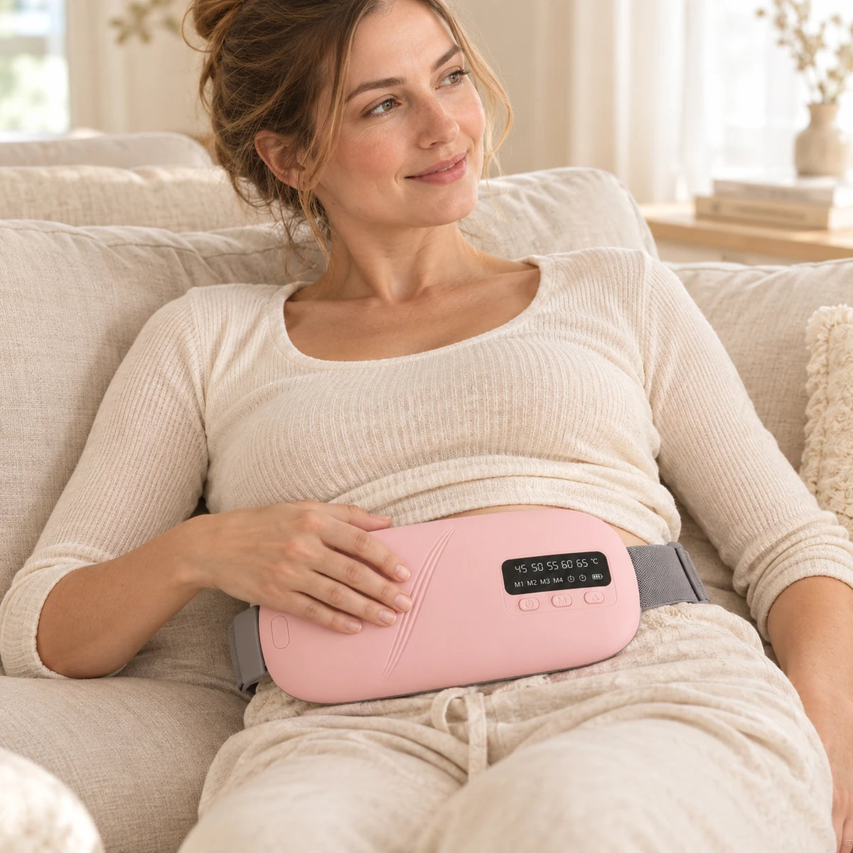Ceinture chauffante menstruelle portée sur le ventre