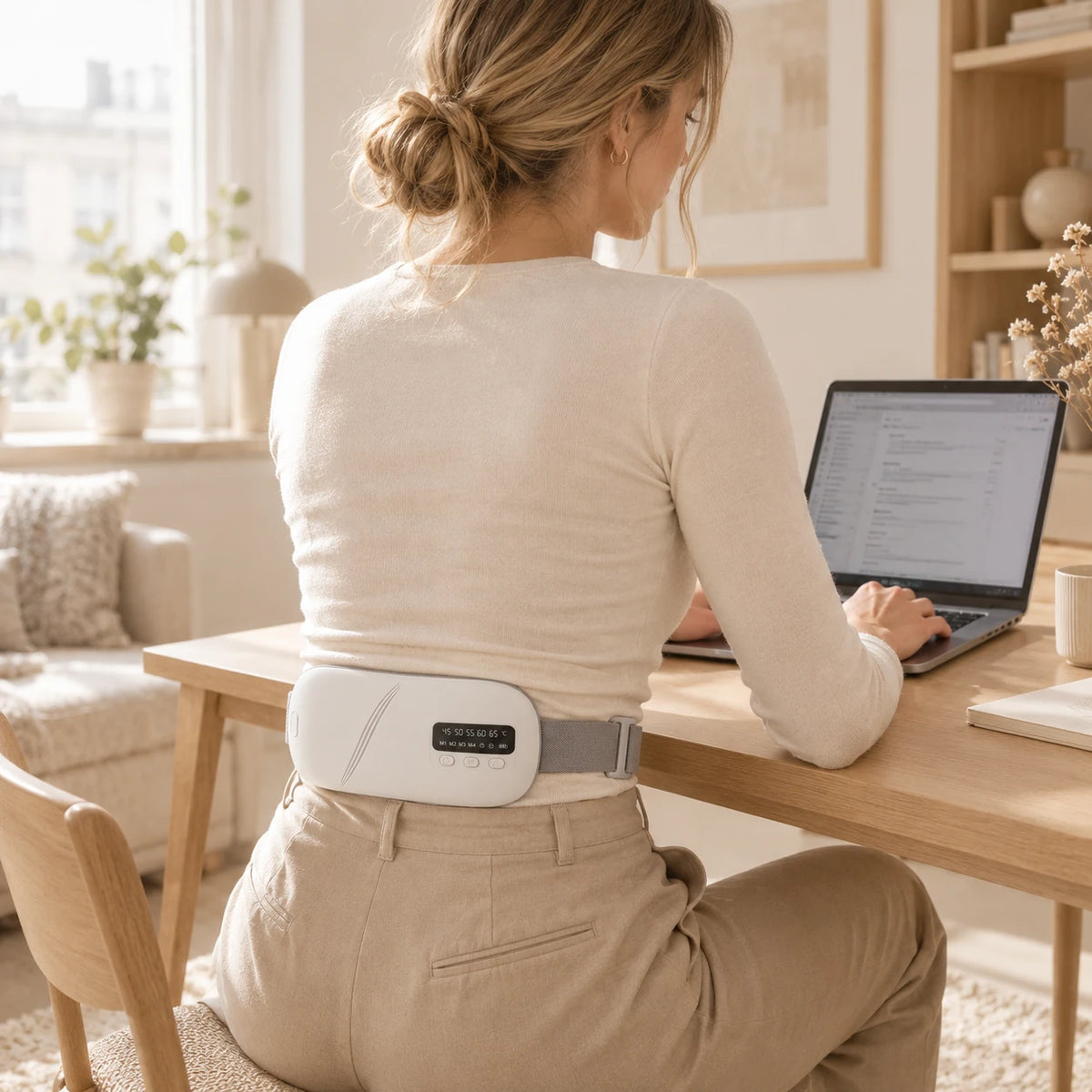 Ceinture chauffante menstruelle portée sur le bas du dos