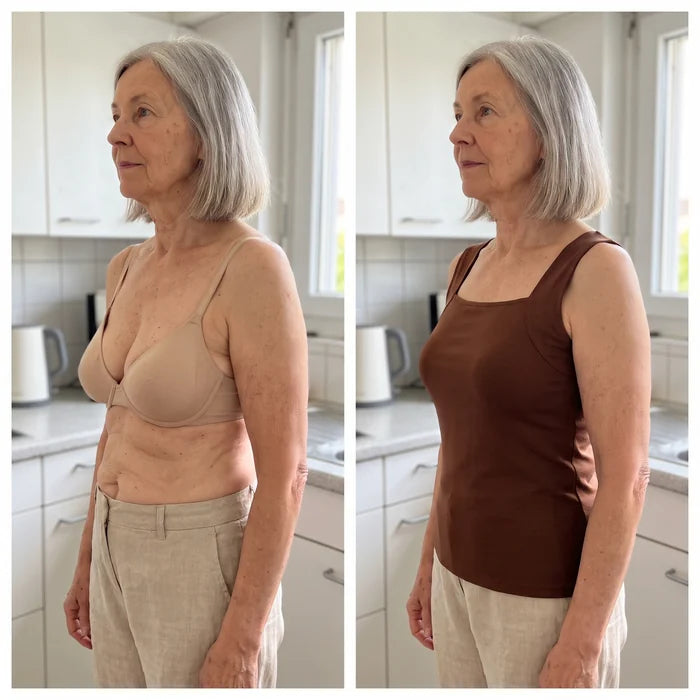 Avant/après de profil : soutien-gorge, puis débardeur café qui remonte la poitrine