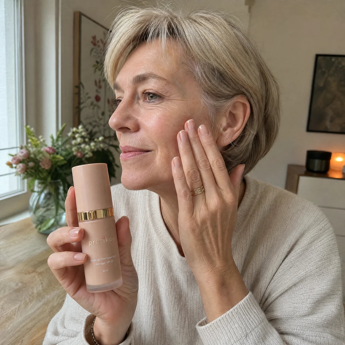 Femme qui estompe le fond de teint adaptatif sur sa joue