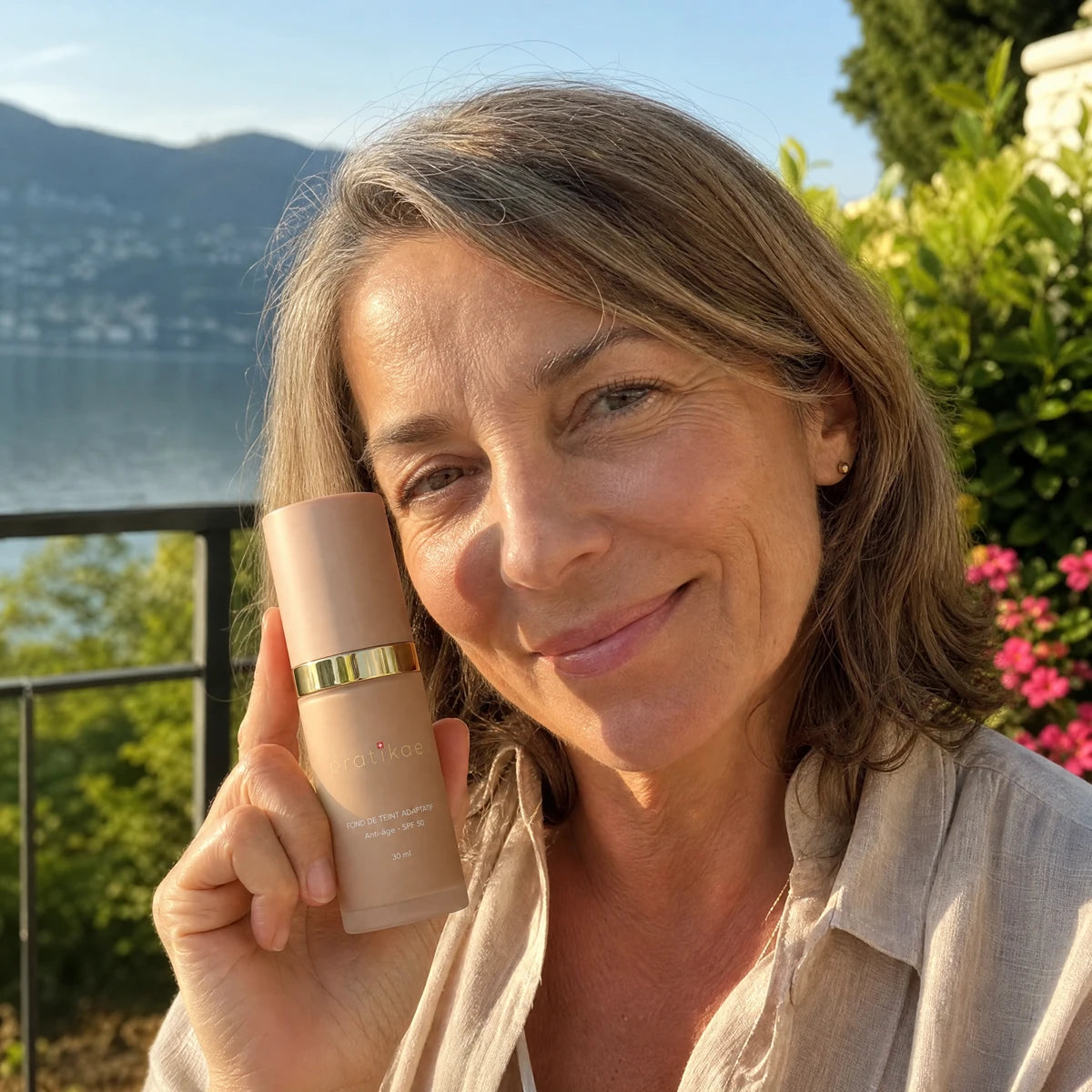 Femme au soleil avec le fond de teint SPF 50