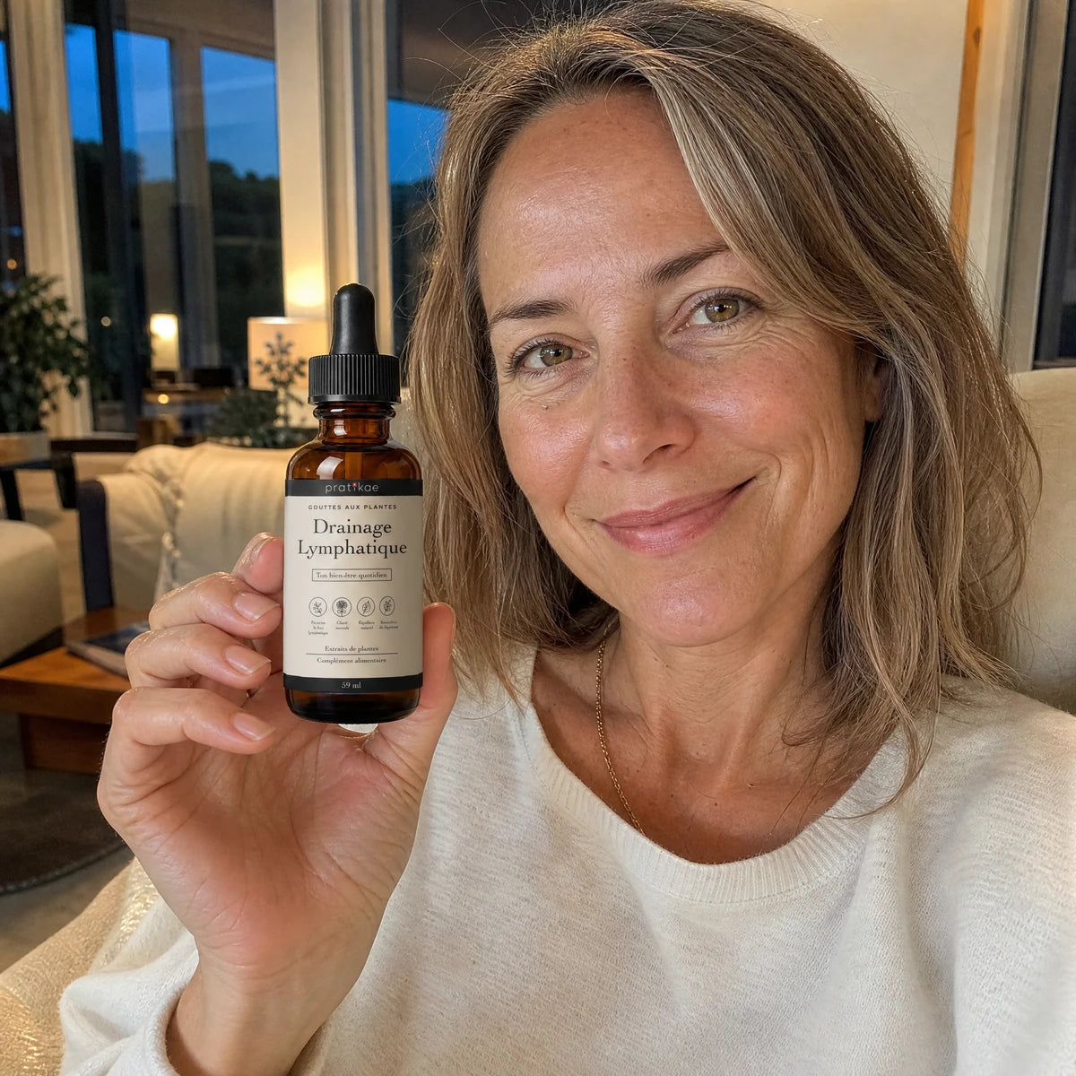 Femme avec le flacon Gouttes drainage lymphatique