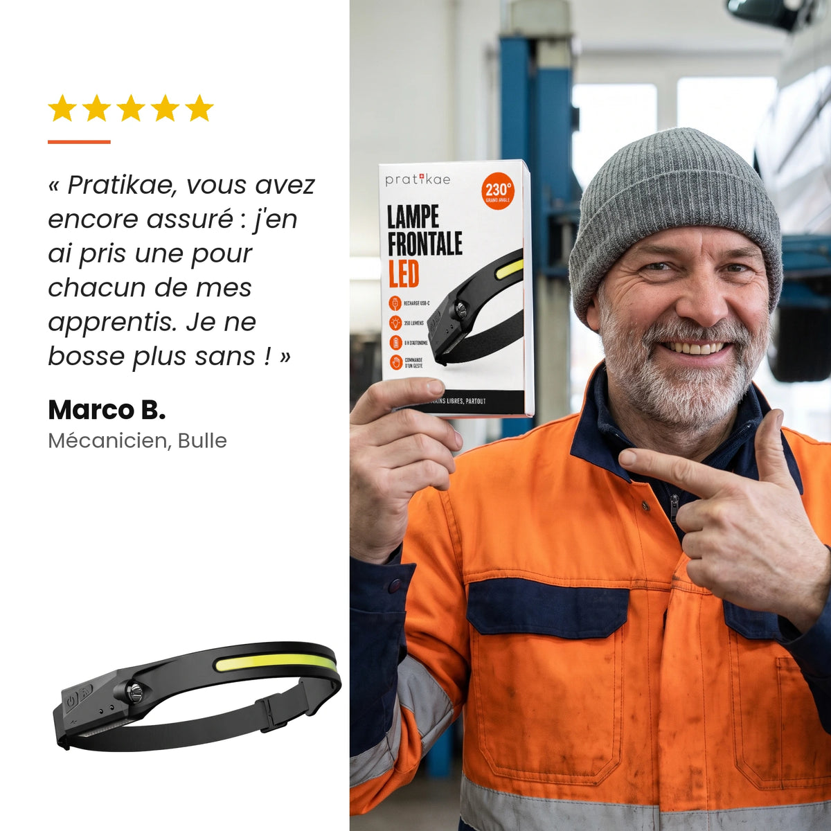 Lampe frontale LED grand angle