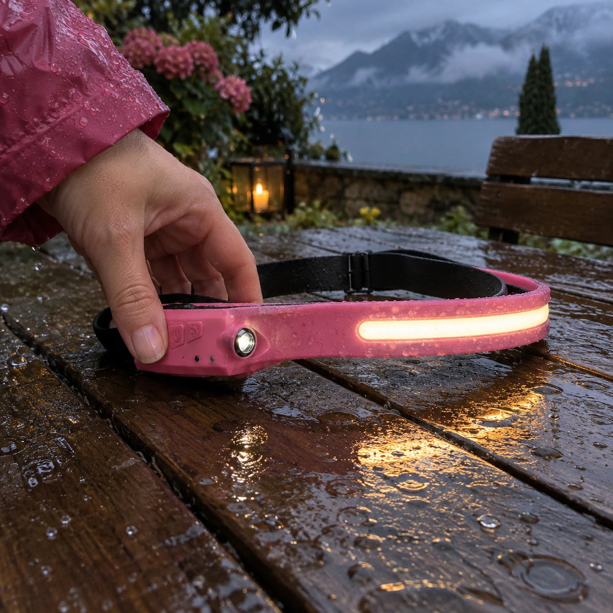 Lampe frontale LED grand angle sous la pluie