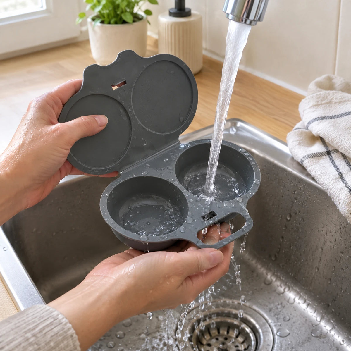 Pocheur à œufs rincé sous l'eau chaude
