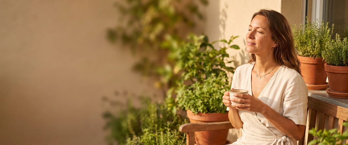 Femme qui profite du soleil sur sa terrasse