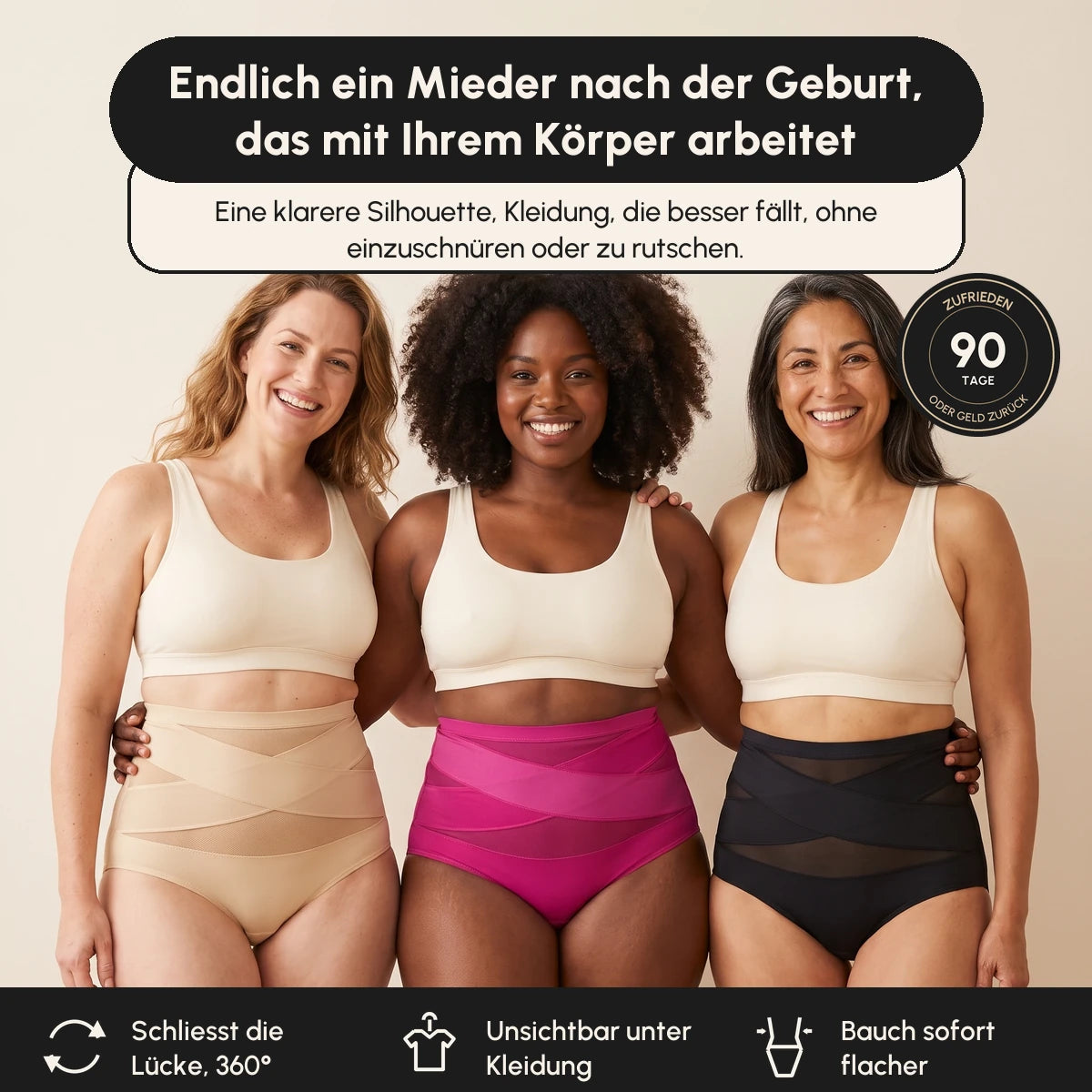 Postpartum-Formslip mit 360°-Kreuzband an drei Frauen