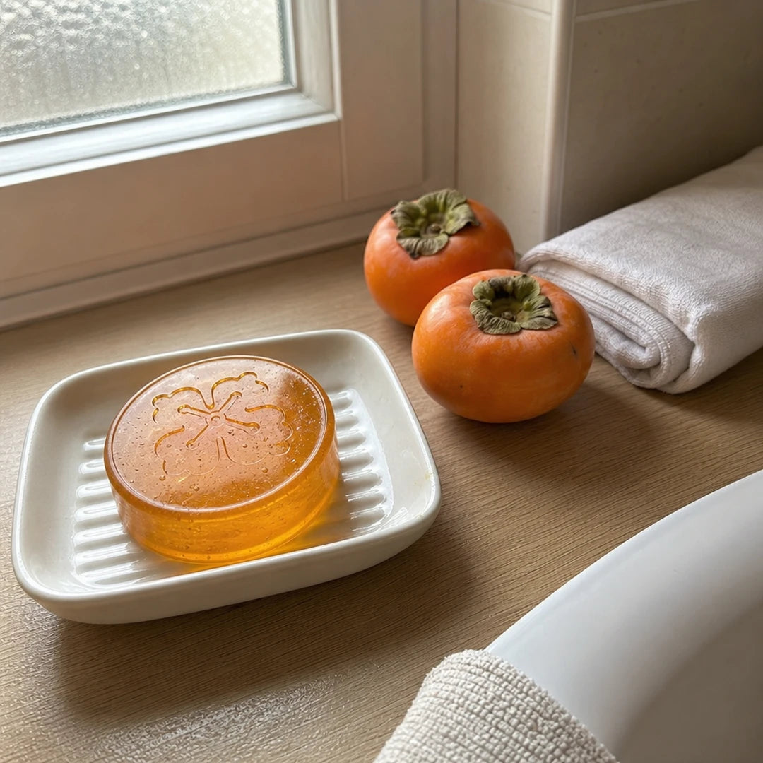 Savon au kaki fermenté dans son porte-savon