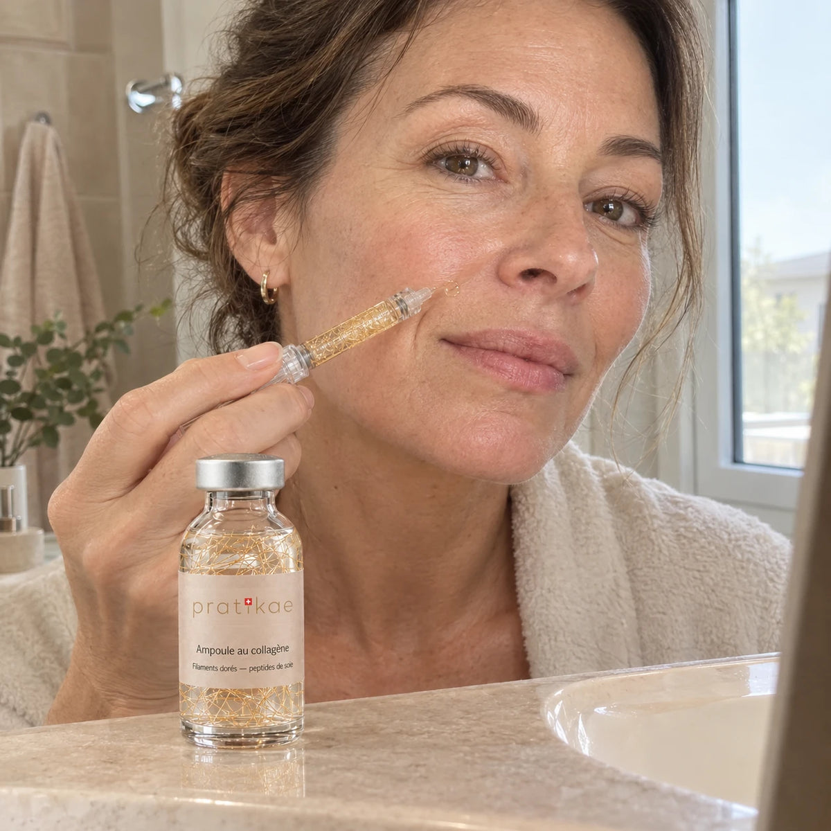 Femme qui applique le sérum coréen liftant à la seringue sans aiguille